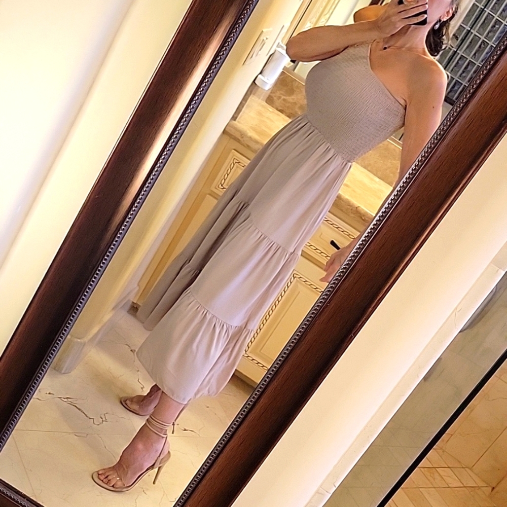 BTFBM Taupe One-shoulder Ruched Top & Flowy Tiered Bottom Summer Dress, S - Picture 7 of 14